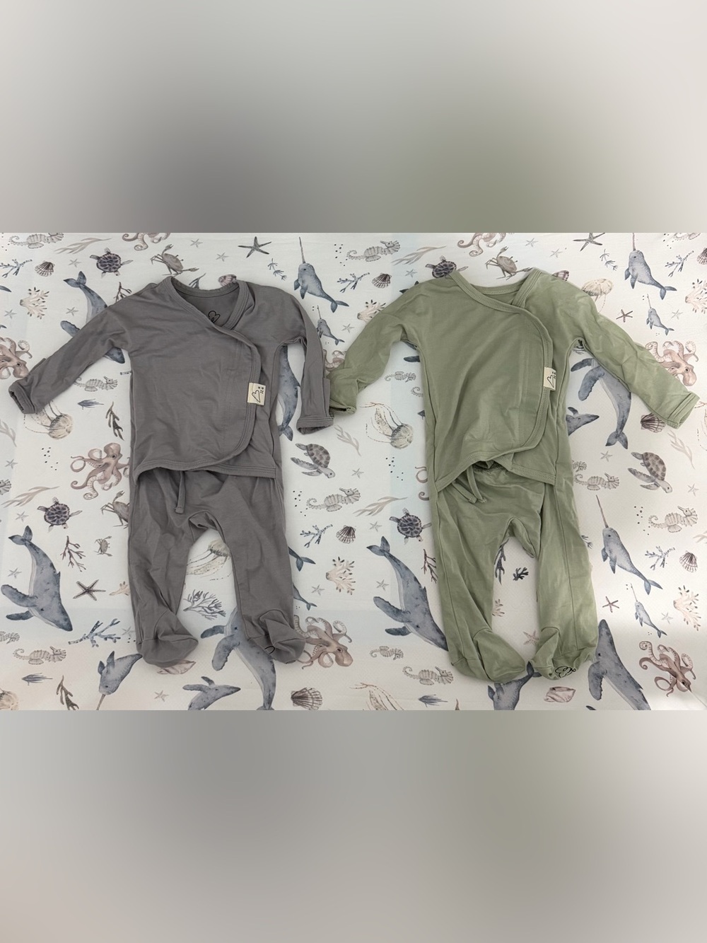 Baby Footed One-Piece Set in Gray and Avocado - Soft Organic Cotton